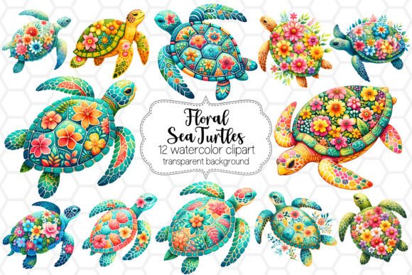 Download Watercolor Floral Sea Turtle Clipart Set - Sea turtle Collection